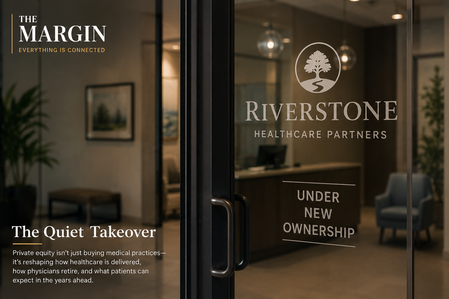 Graphic titled The Quiet Takeover about private equity ownership of medical practices